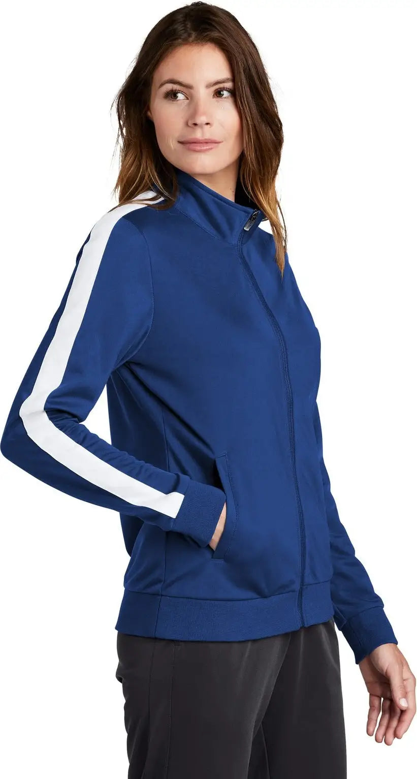 Sport-tek Lst94 Ladies Tricot Sleeve Stripe Track Jacket - True Royal White