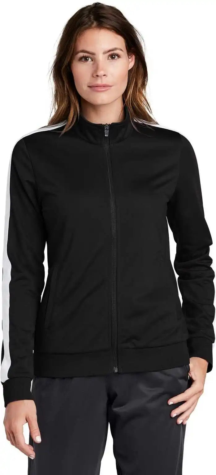 Sport Tek Lst94 Ladies Tricot Track Jacket Black White