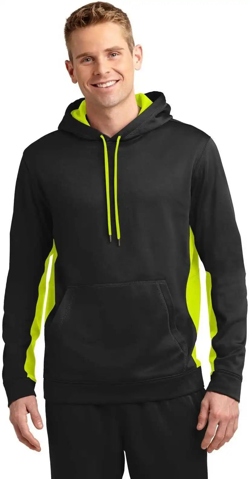 Sport Tek St235 Wick Fleece Colorblock Hooded Pullover Black Safety Yellow