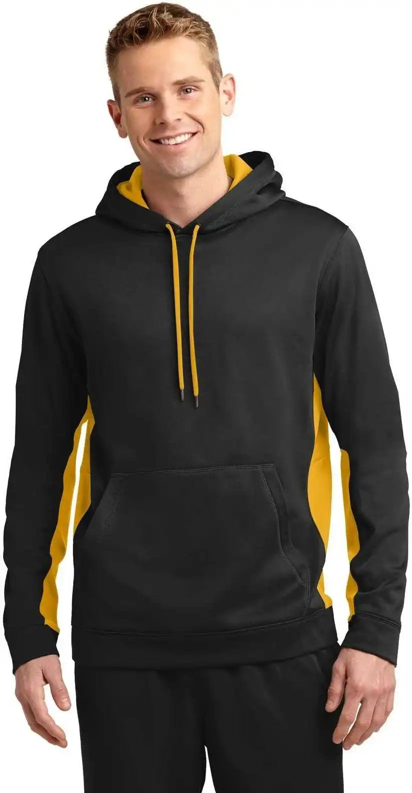 Sport Tek St235 Wick Fleece Colorblock Hooded Pullover Black Gold
