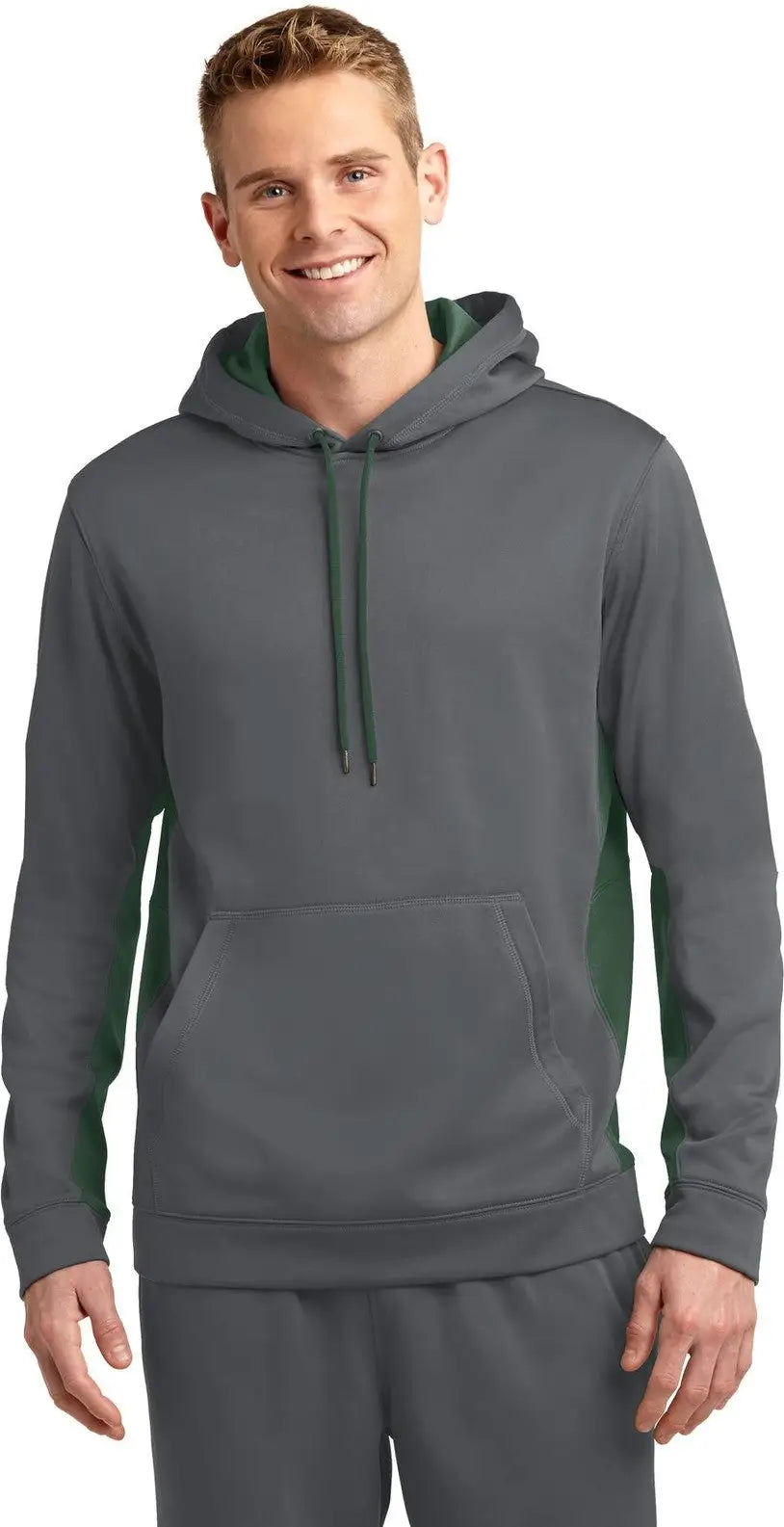 Sport-tek St235 Sport-wick Fleece Colorblock Hooded Pullover - Dark Smoke Gray Forest Green - Gray/ / Adult Xs