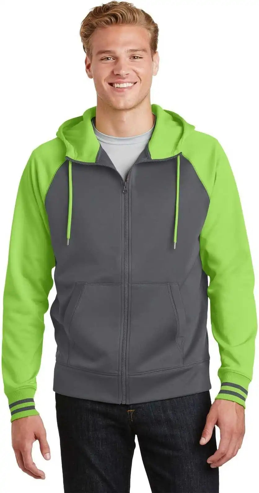 Sport-tek St236 Sport-wick Varsity Fleece Full-zip Hooded Jacket - Dark Smoke Gray Lime Shock