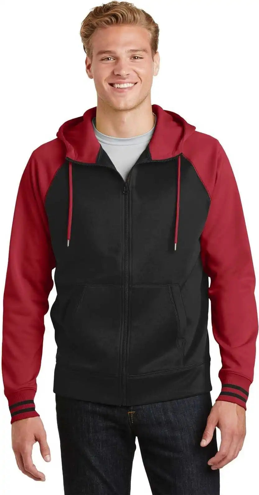 Sport Tek St236 Wick Varsity Fleece Full Zip Hooded Jacket Black Deep Red