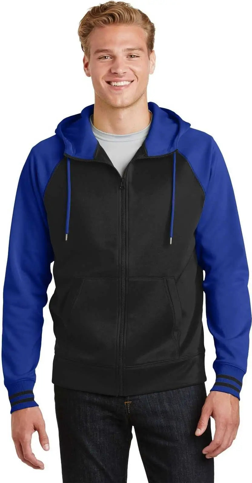 Sport-tek St236 Sport-wick Varsity Fleece Full-zip Hooded Jacket - Black True Royal