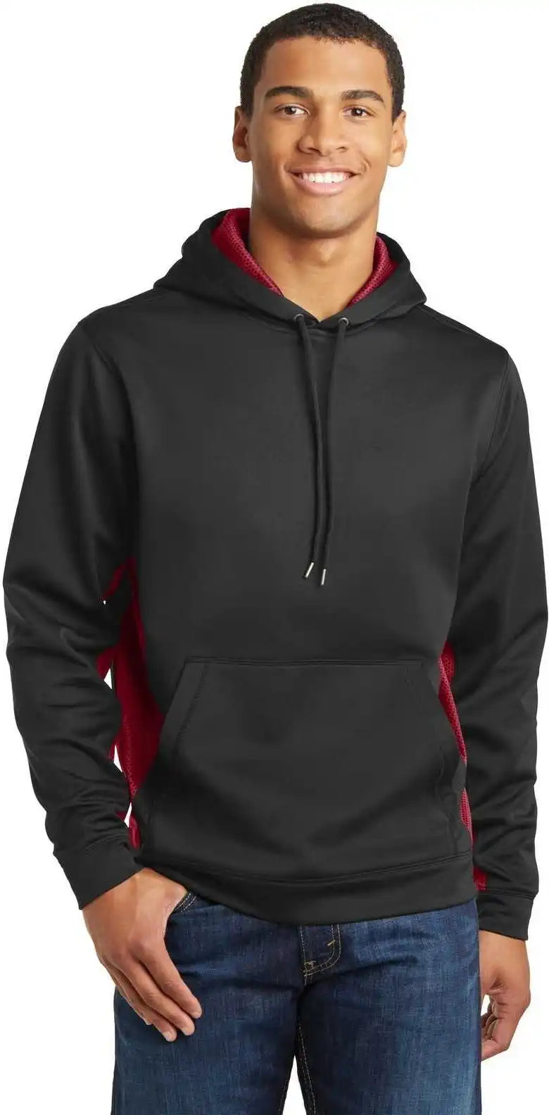 Sport-tek St239 Sport-wick Camohex Fleece Colorblock Hooded Pullover - Black Deep Red