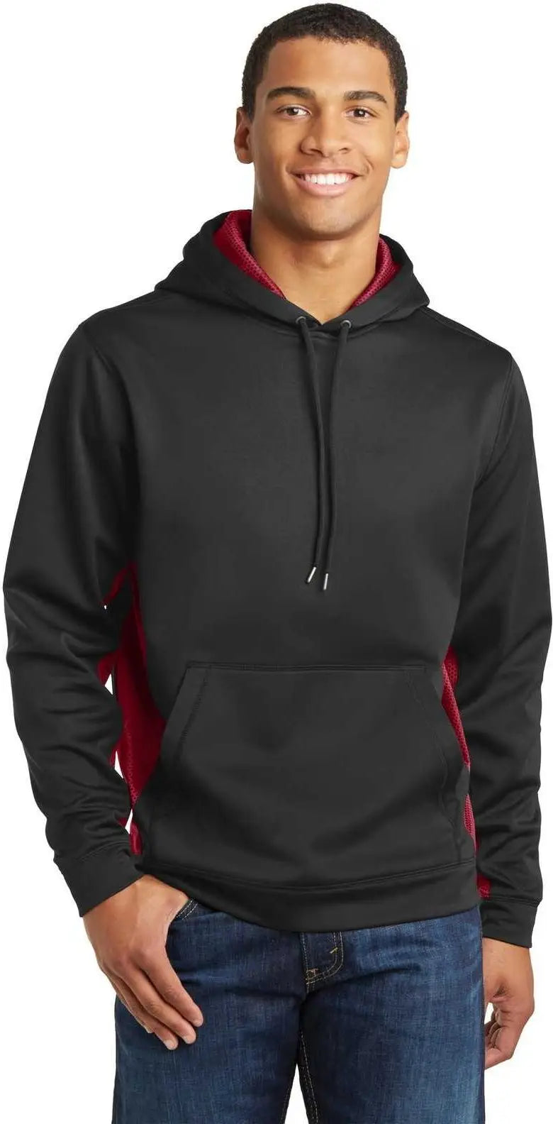 Sport-tek St239 Sport-wick Camohex Fleece Colorblock Hooded Pullover - Black Deep Red