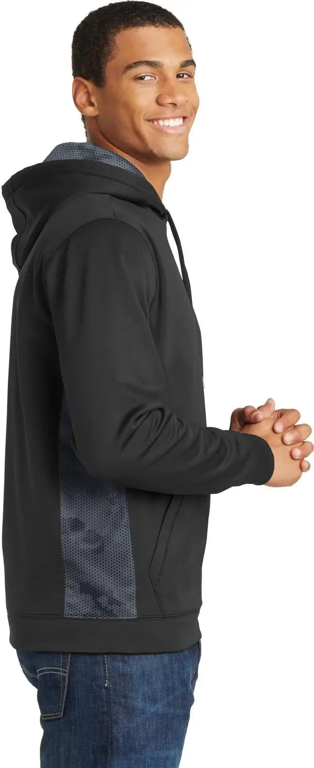 Sport-tek St239 Sport-wick Camohex Fleece Colorblock Hooded Pullover - Black Dark Smoke Gray