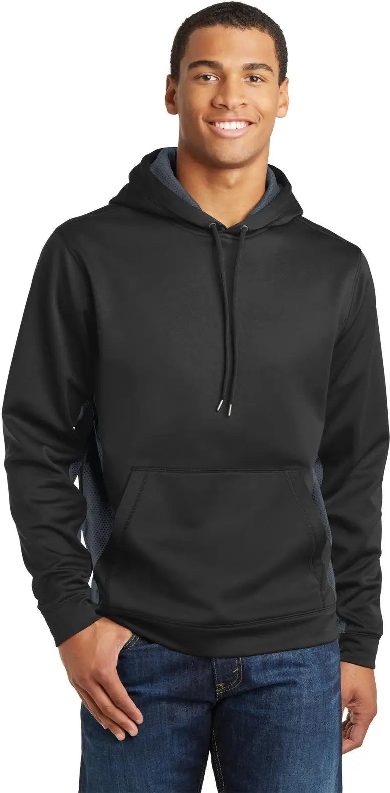 Sport-tek St239 Sport-wick Camohex Fleece Colorblock Hooded Pullover - Black Dark Smoke Gray - Black/ / Adult Xs