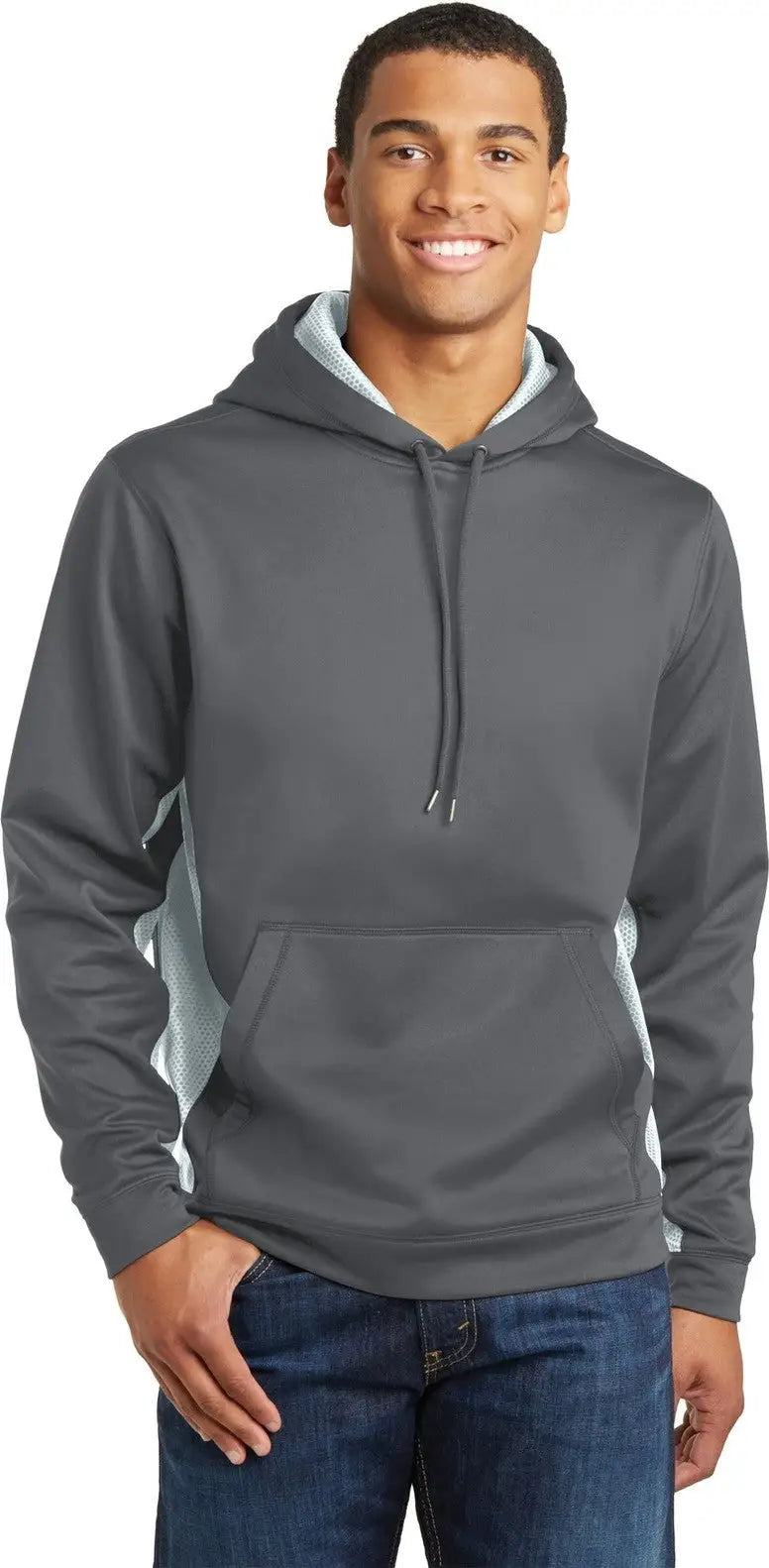 Sport-tek St239 Sport-wick Camohex Fleece Colorblock Hooded Pullover - Dark Smoke Gray White - Gray/ / Adult Xs