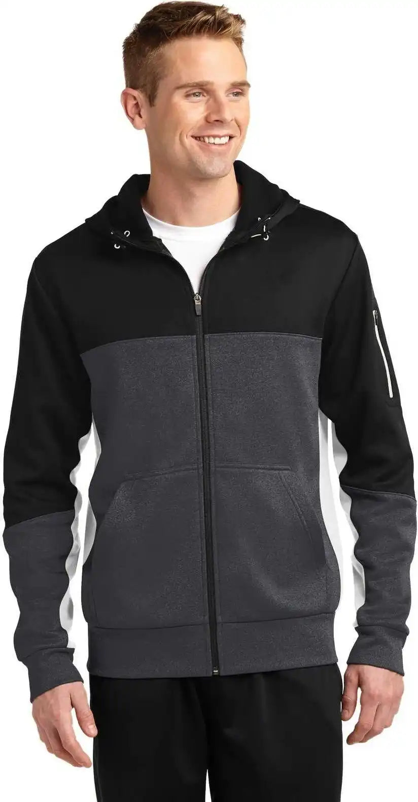 Sport Tek St245 Tech Fleece Colorblock Full Zip Hooded Jacket Black Graphite Heather White