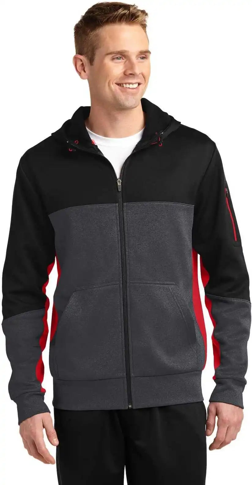 Sport Tek St245 Tech Fleece Colorblock Full Zip Hooded Jacket Black Graphite Heather True Red