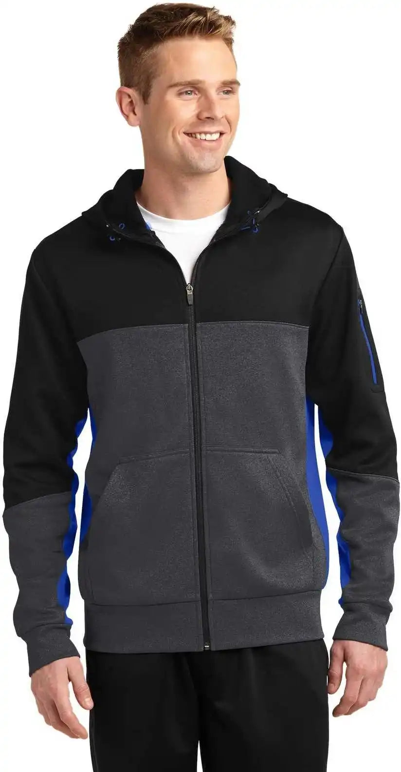 Sport-tek St245 Tech Fleece Colorblock Full-zip Hooded Jacket - Black Graphite Heather True Royal