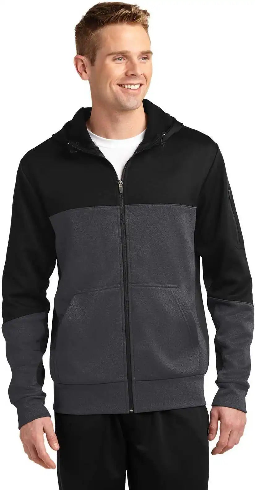 Sport Tek St245 Tech Fleece Colorblock Full Zip Hooded Jacket Black Graphite Heather