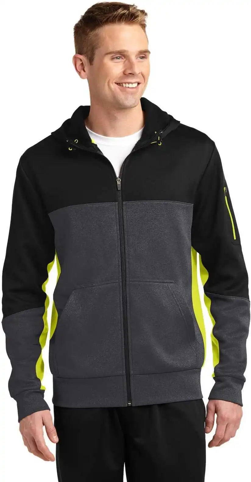 Sport Tek St245 Tech Fleece Colorblock Full Zip Hooded Jacket Black Graphite Heather Citron