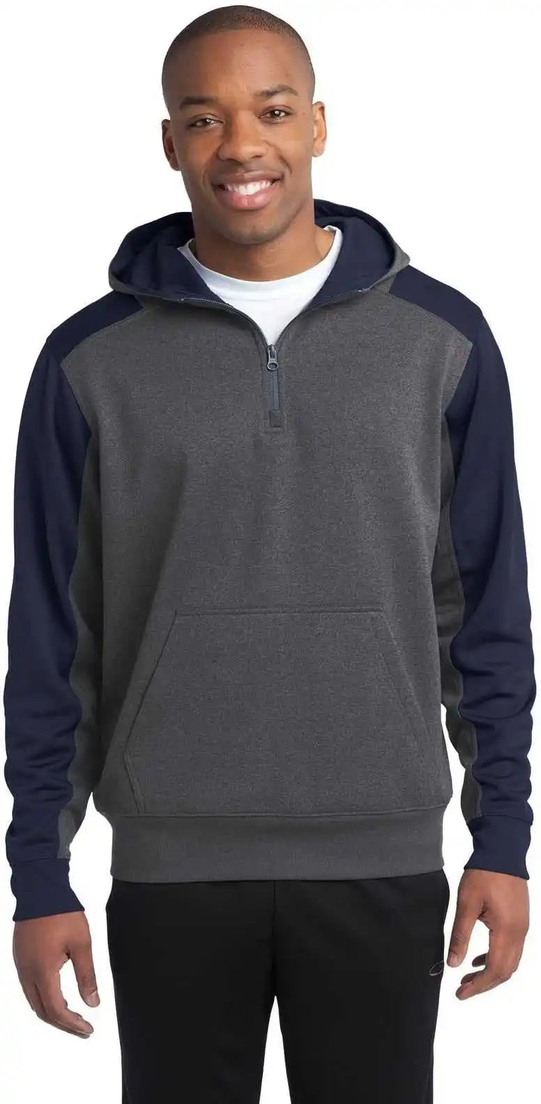 Sport-tek St249 Tech Fleece Colorblock 1/4-zip Hooded Sweatshirt - Graphite Heather True Navy