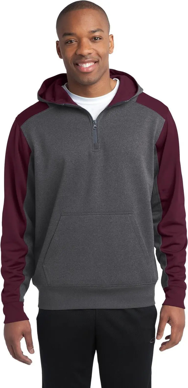 Sport-tek St249 Tech Fleece Colorblock 1/4-zip Hooded Sweatshirt - Graphite Heather Maroon - Heather/ / Adult Xs