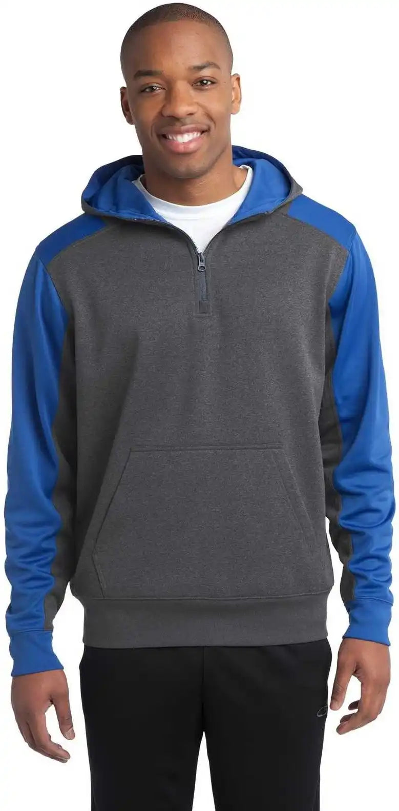 Sport-tek St249 Tech Fleece Colorblock 1/4-zip Hooded Sweatshirt - Graphite Heather True Royal