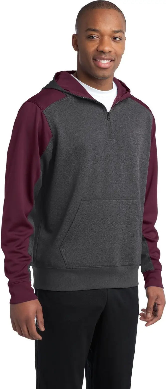 Sport-tek St249 Tech Fleece Colorblock 1/4-zip Hooded Sweatshirt - Graphite Heather Maroon