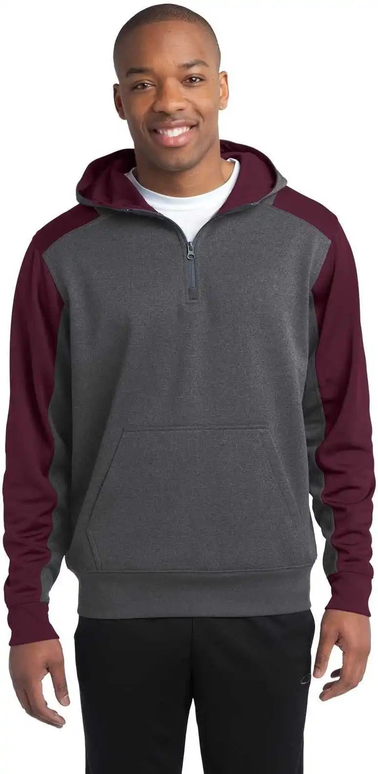 Sport-tek St249 Tech Fleece Colorblock 1/4-zip Hooded Sweatshirt - Graphite Heather Maroon