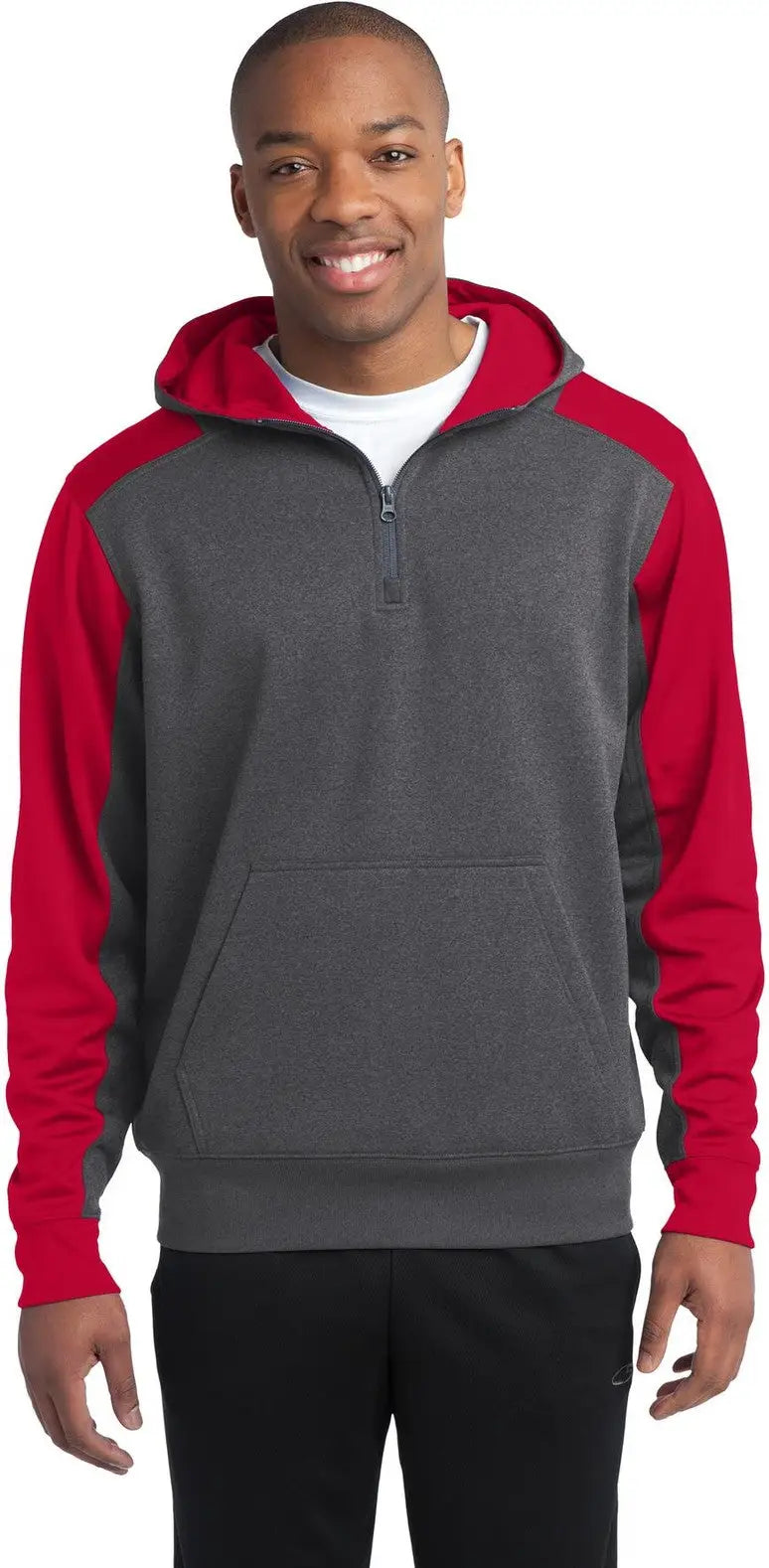 Sport-tek St249 Tech Fleece Colorblock 1/4-zip Hooded Sweatshirt - Graphite Heather True Red - Heather/ / Adult Xs