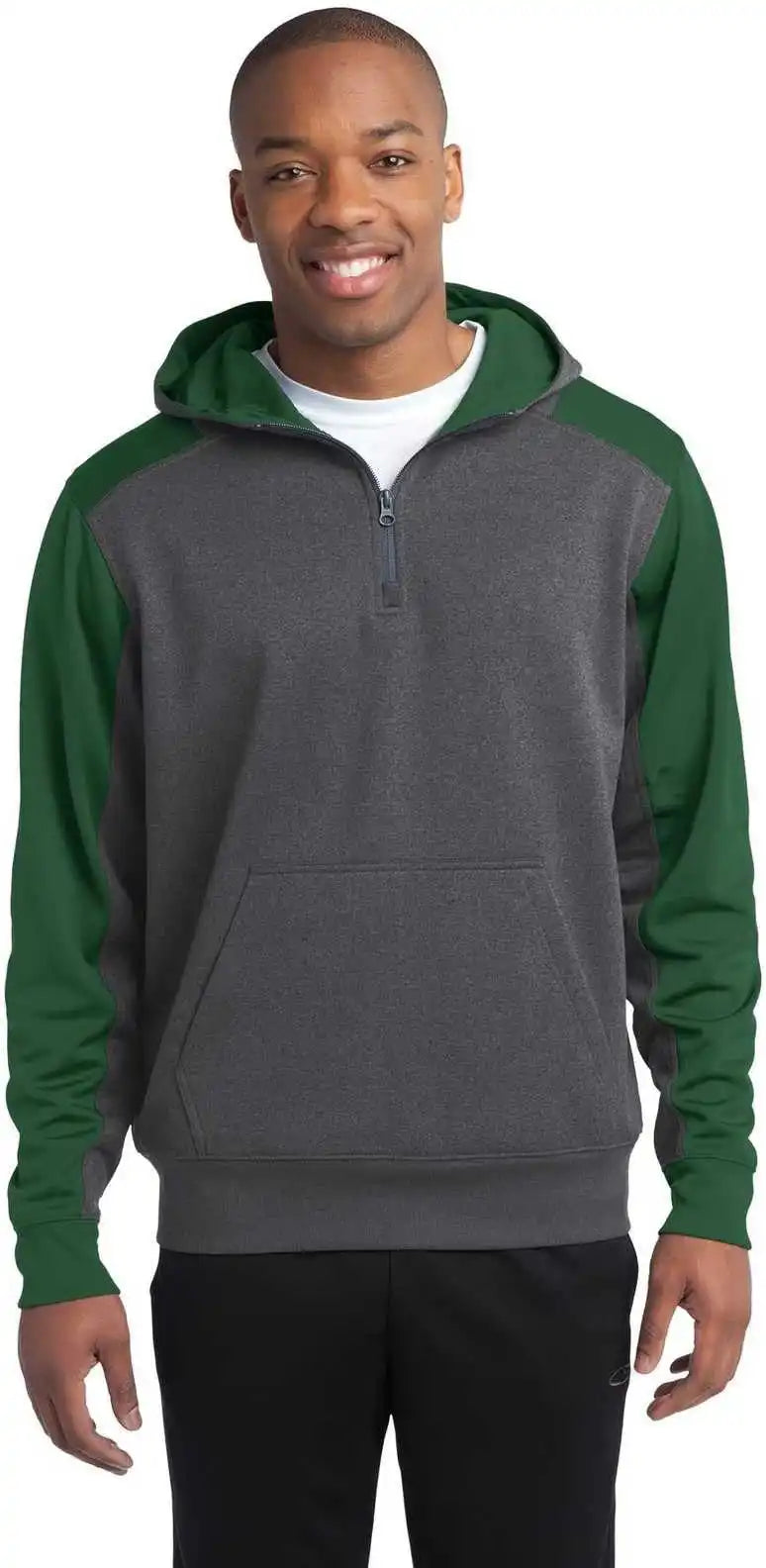 Sport-tek St249 Tech Fleece Colorblock 1/4-zip Hooded Sweatshirt - Graphite Heather Forest Green