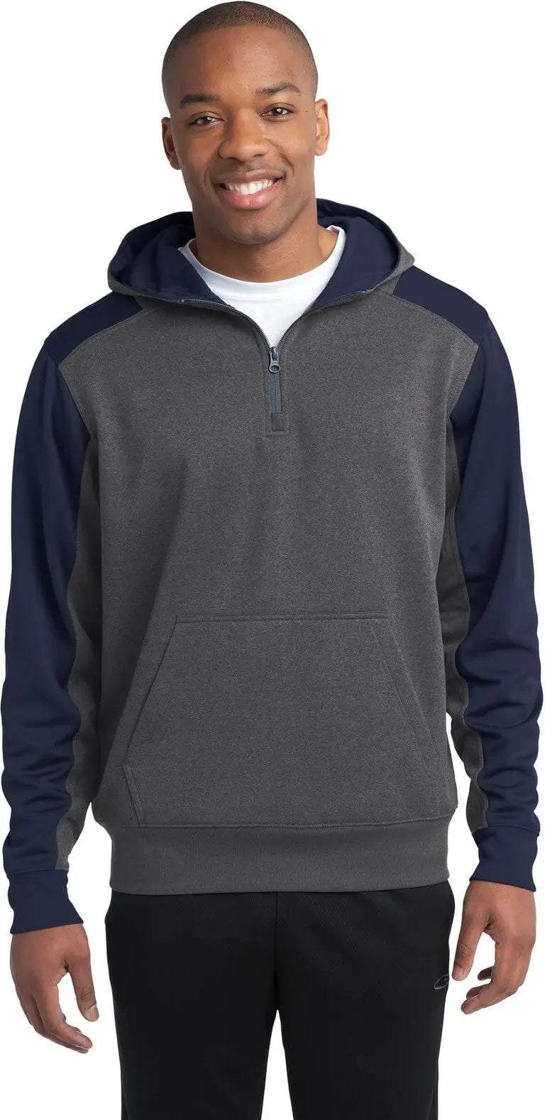 Sport-tek St249 Tech Fleece Colorblock 1/4-zip Hooded Sweatshirt - Graphite Heather True Navy - Heather/ / Adult Xs