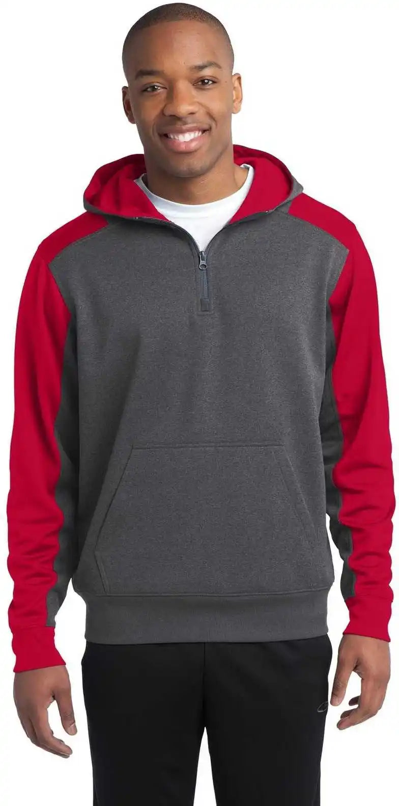 Sport-tek St249 Tech Fleece Colorblock 1/4-zip Hooded Sweatshirt - Graphite Heather True Red