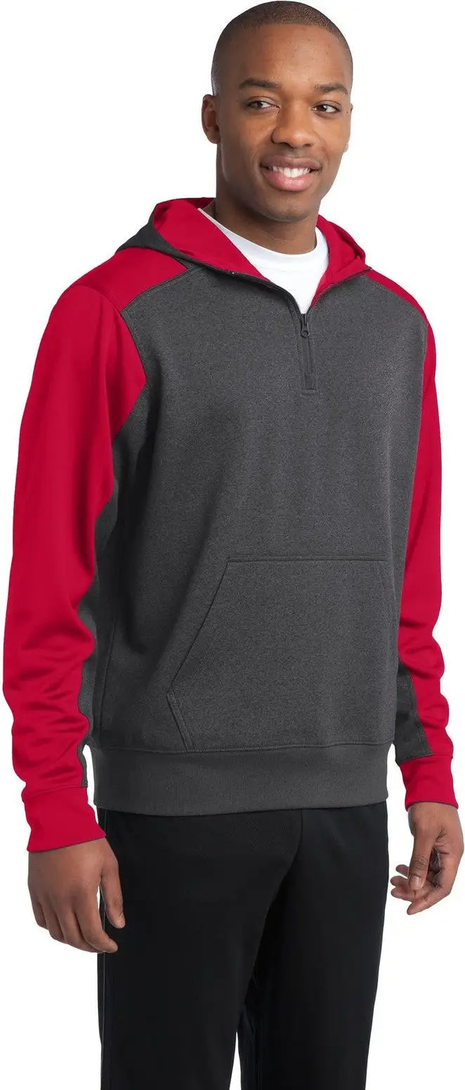 Sport-tek St249 Tech Fleece Colorblock 1/4-zip Hooded Sweatshirt - Graphite Heather True Red