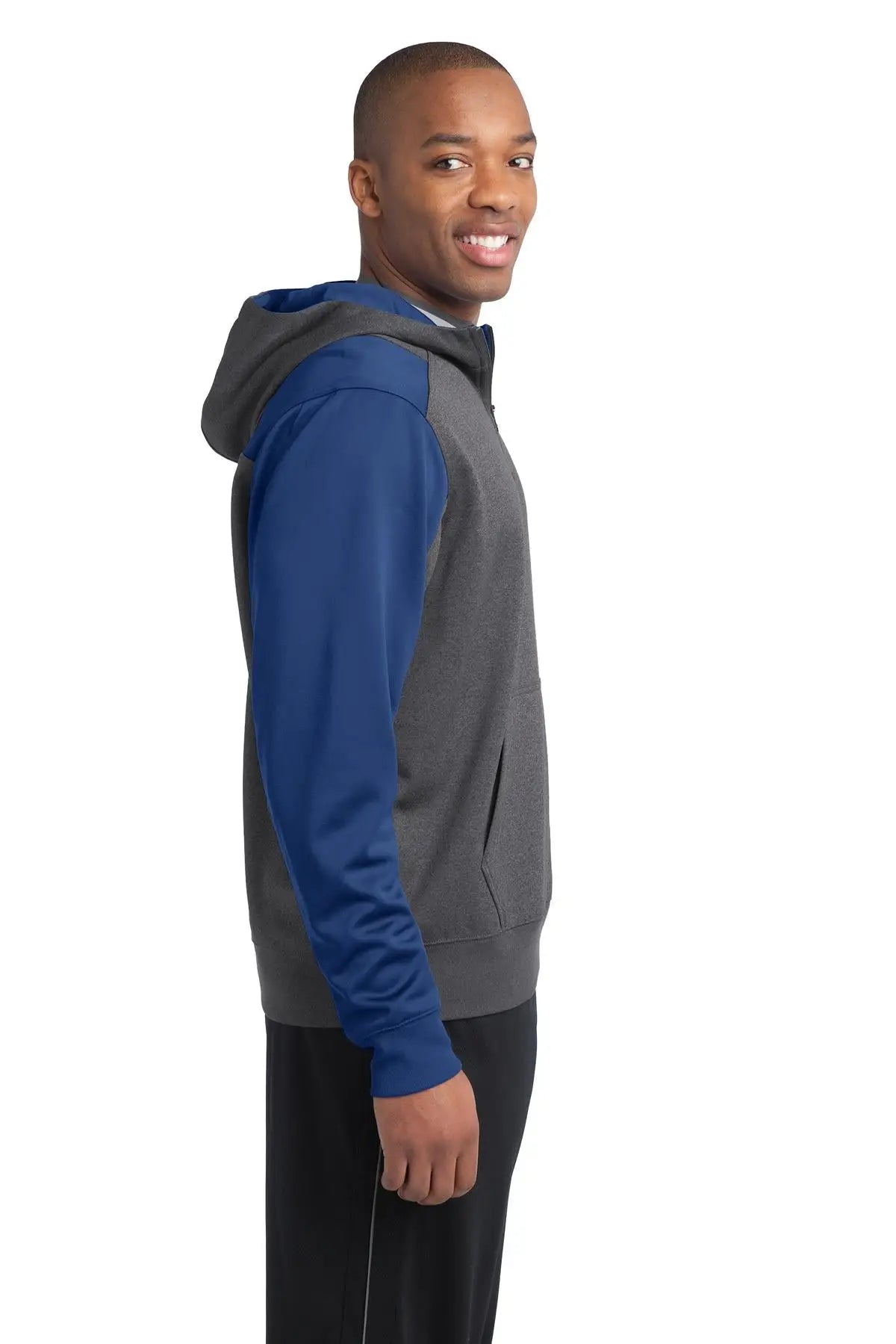 Sport-tek St249 Tech Fleece Colorblock 1/4-zip Hooded Sweatshirt - Graphite Heather True Royal