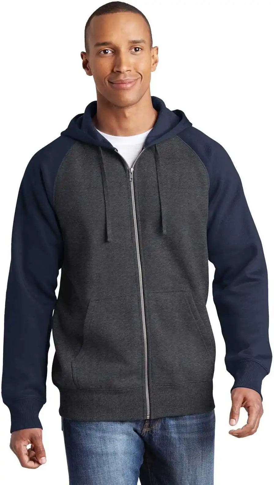 Sport-tek St269 Raglan Colorblock Full-zip Hooded Fleece Jacket - Graphite Heather True Navy