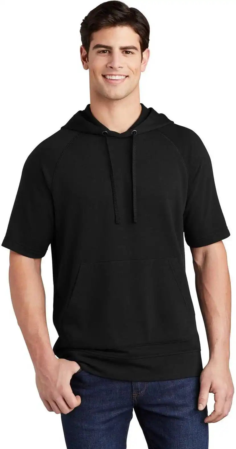 Sport-tek St297 Posicharge Tri-blend Wicking Fleece Short Sleeve Hooded Pullover - Black Triad Solid