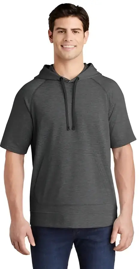 Sport-tek St297 Posicharge Tri-blend Wicking Fleece Short Sleeve Hooded Pullover - Dark Gray Heather - Adult Xs