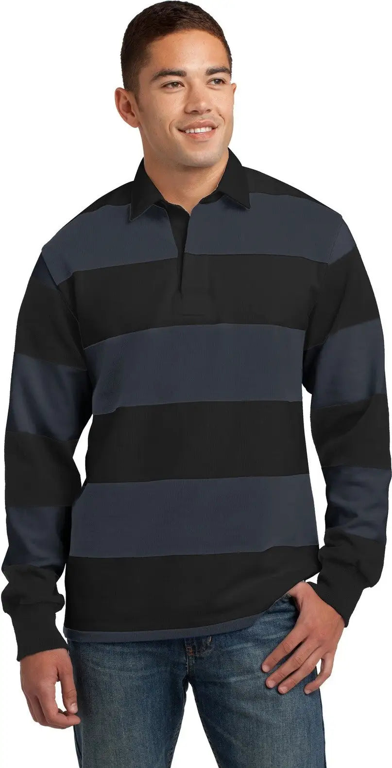 Sport-tek St301 Classic Long Sleeve Rugby Polo - Black Graphite - Black/ / Adult Xs