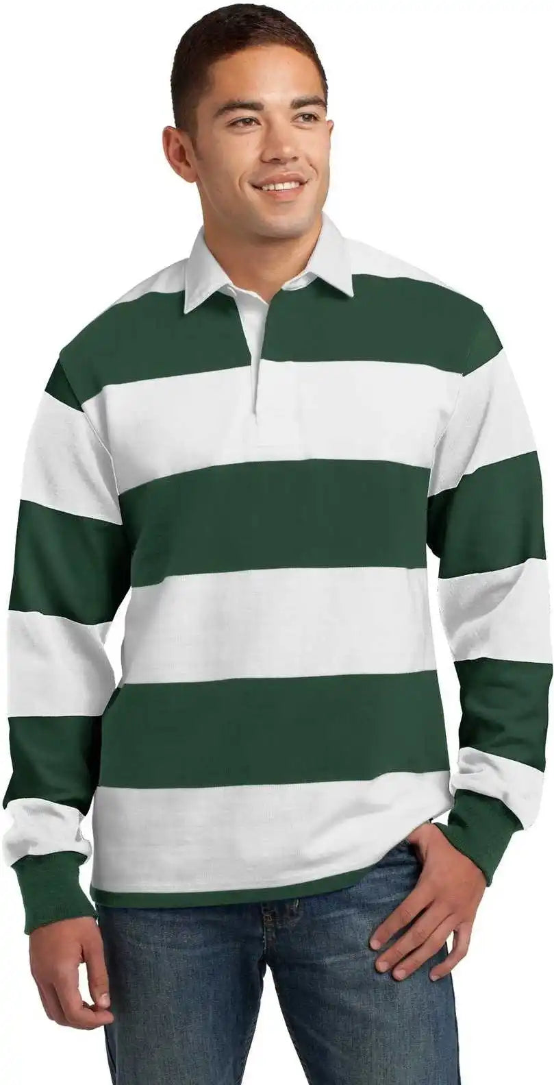 Sport Tek St301 Classic Long Sleeve Rugby Polo Forest Green White