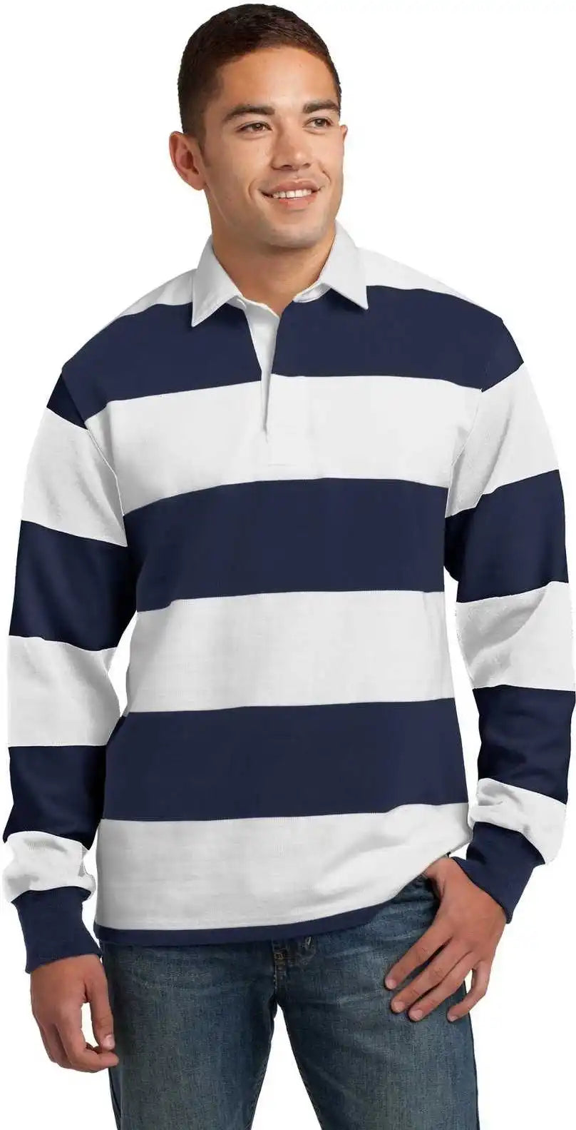Sport Tek St301 Classic Long Sleeve Rugby Polo True Navy White