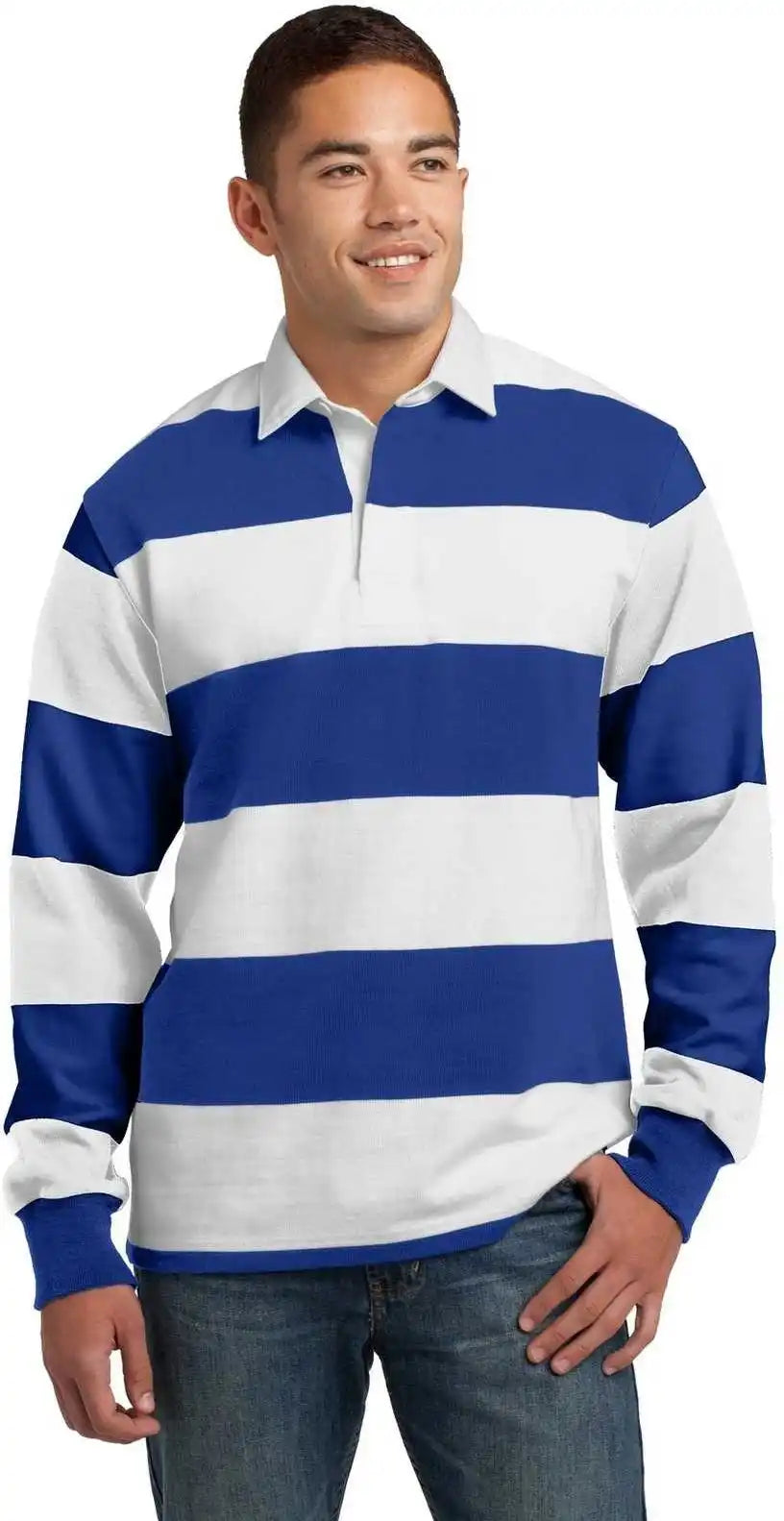 Sport Tek St301 Classic Long Sleeve Rugby Polo True Royal White