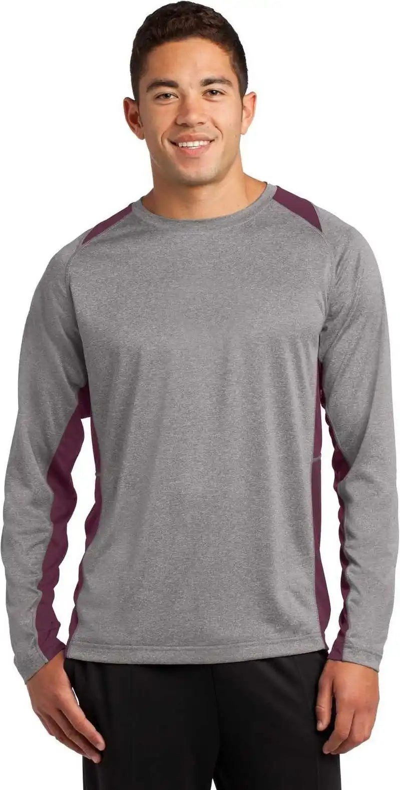 Sport-tek St361ls Long Sleeve Heather Colorblock Contender Tee - Vintage Maroon