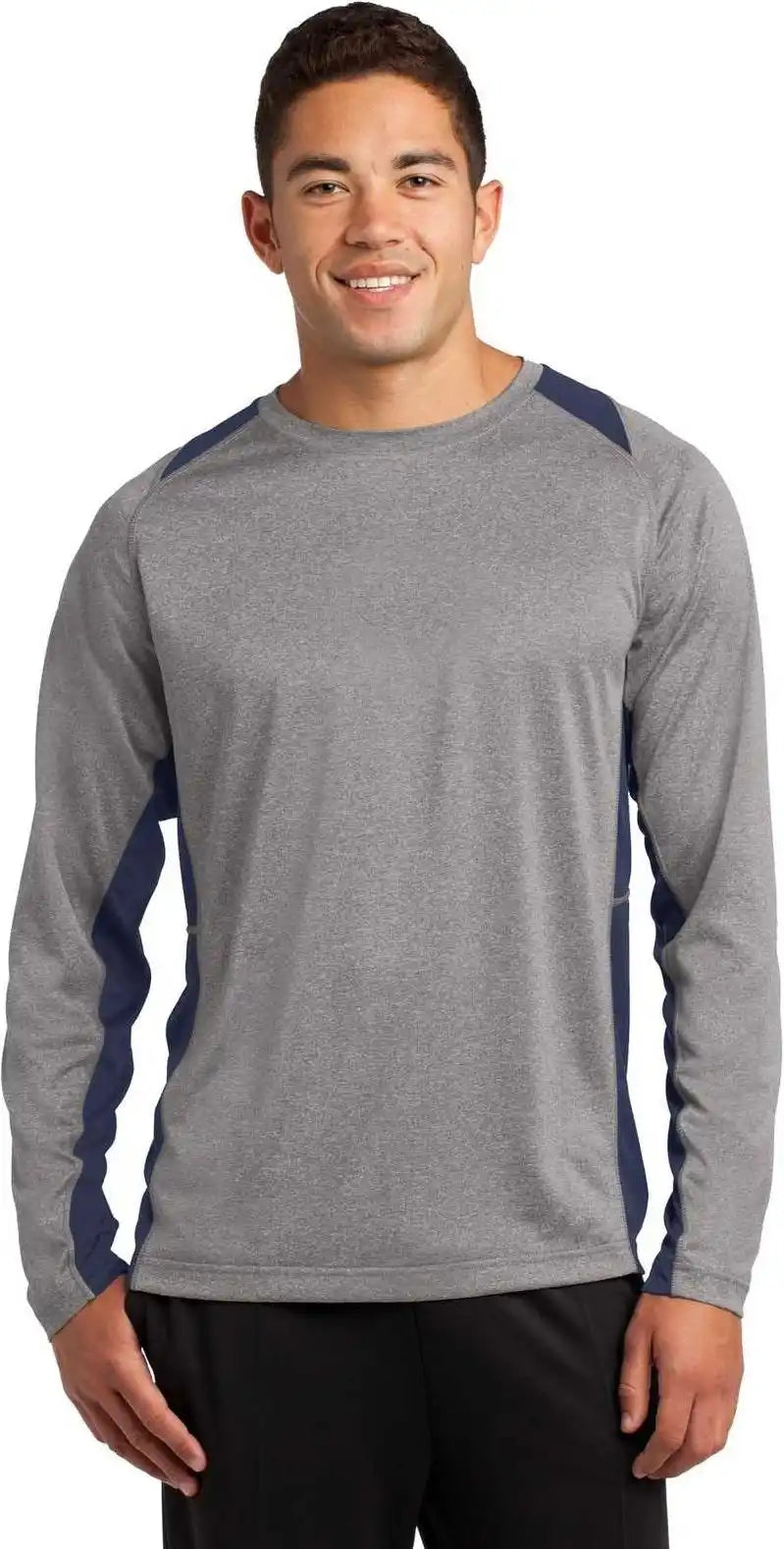 Sport Tek St361ls Long Sleeve Heather Colorblock Contender Tee Vintage True Navy