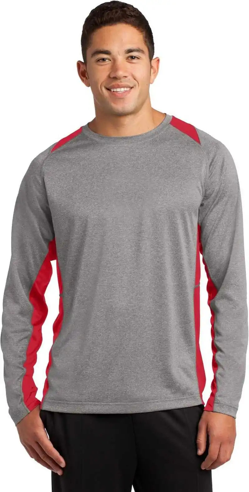 Sport Tek St361ls Long Sleeve Heather Colorblock Contender Tee Vintage True Red