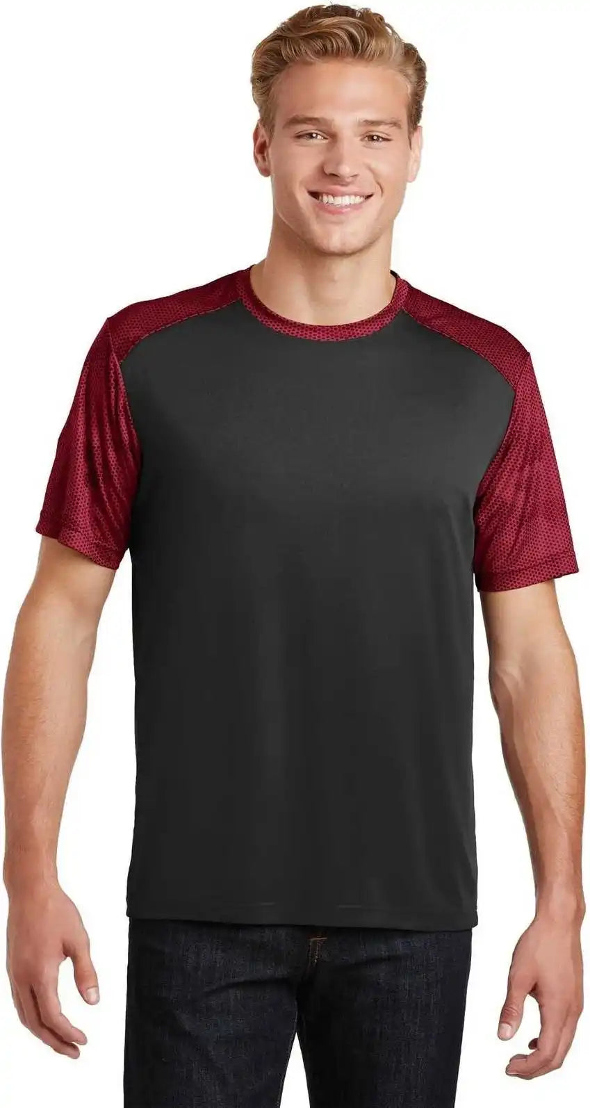 Sport Tek St371 Camohex Colorblock Tee Black Deep Red