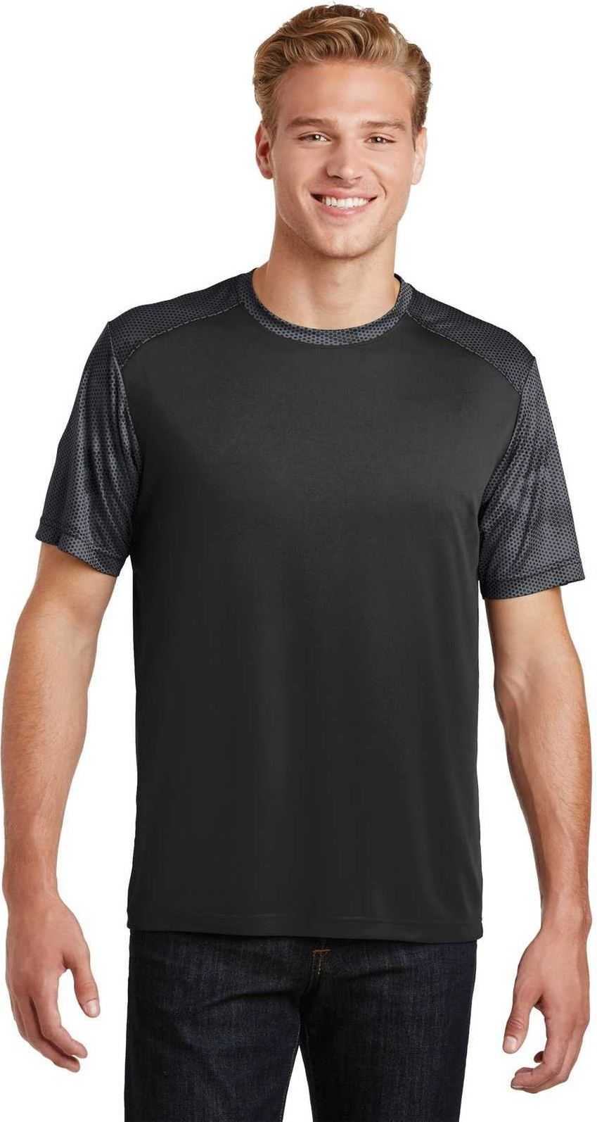 Sport-tek St371 Camohex Colorblock Tee - Black Iron Gray