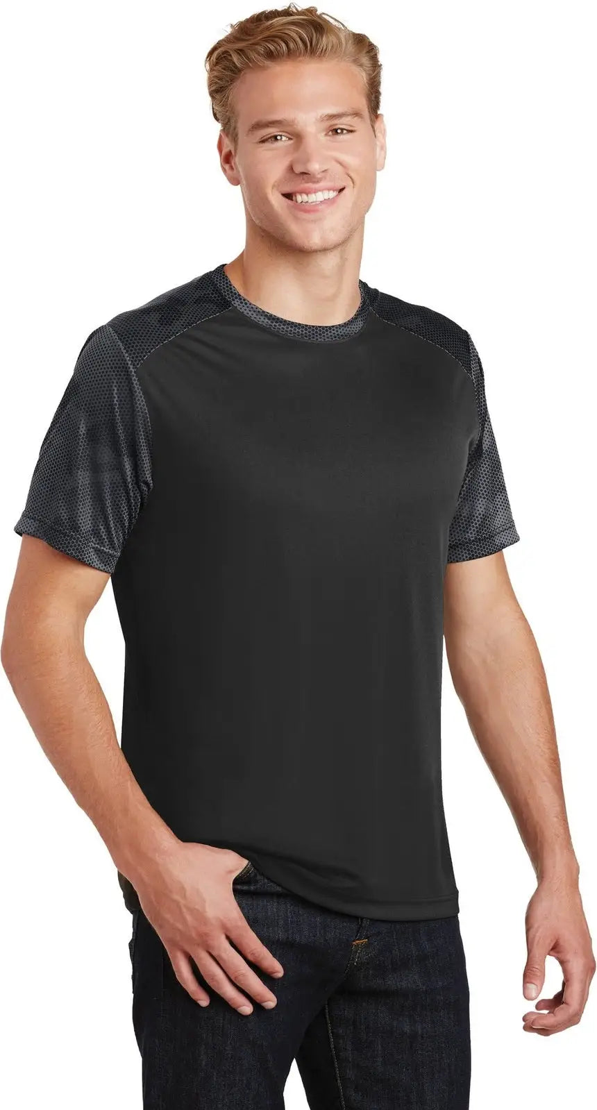 Sport-tek St371 Camohex Colorblock Tee - Black Iron Gray