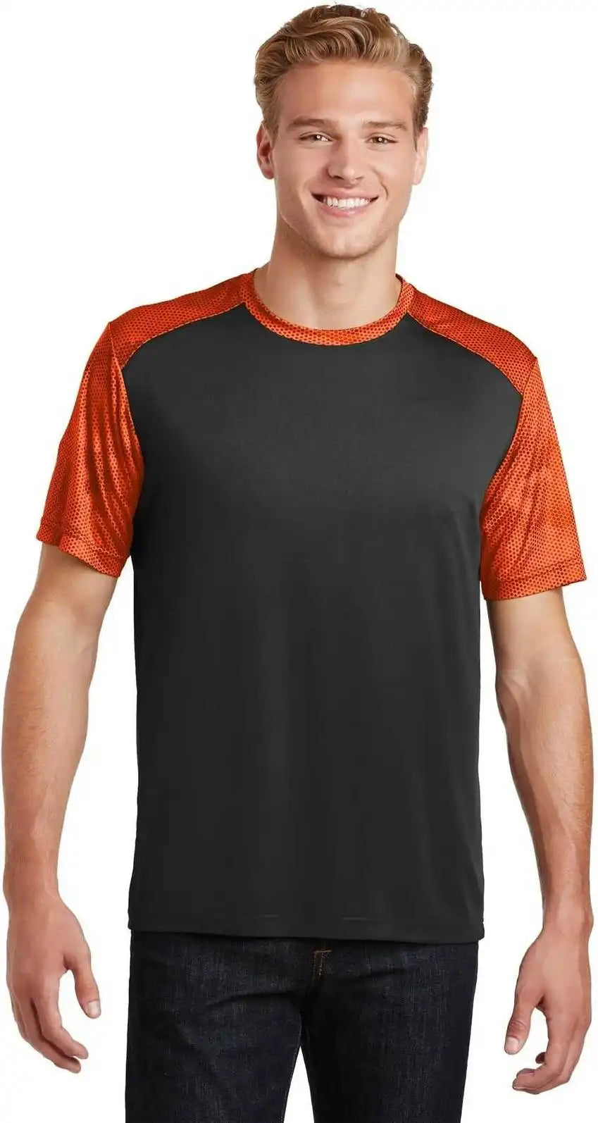 Sport-tek St371 Camohex Colorblock Tee - Black Neon Orange