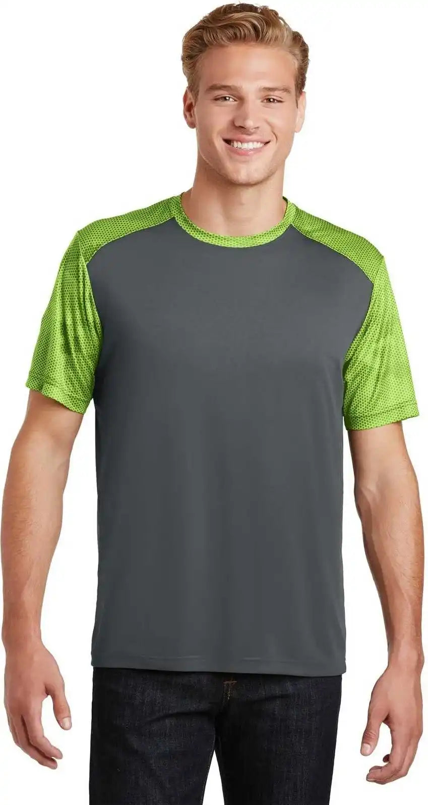 Sport-tek St371 Camohex Colorblock Tee - Iron Gray Lime Shock