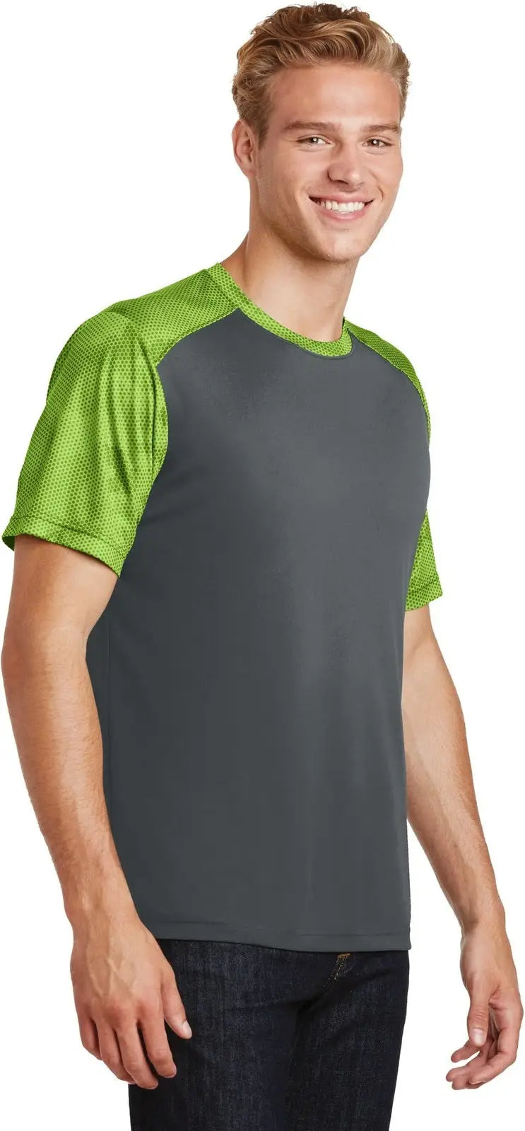 Sport-tek St371 Camohex Colorblock Tee - Iron Gray Lime Shock