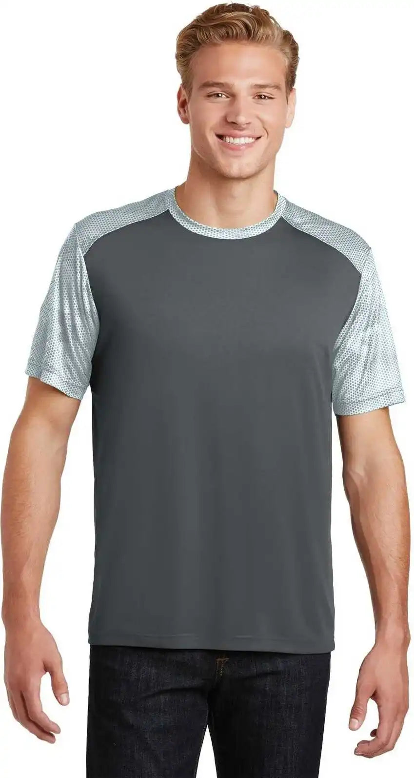 Sport-tek St371 Camohex Colorblock Tee - Iron Gray White