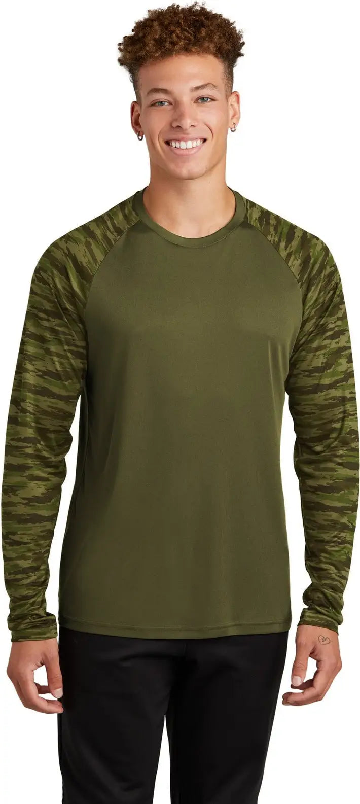 Sport-tek St376ls Drift Camo Colorblock Long Sleeve Tee - Olive Drab Green - Adult Xs