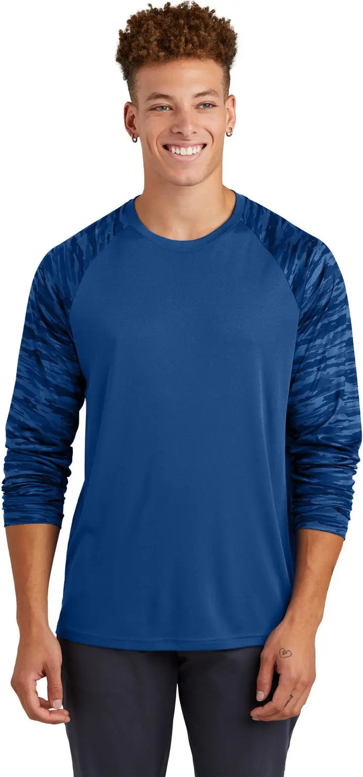 Sport-tek St376ls Drift Camo Colorblock Long Sleeve Tee - Royal - Adult Xs