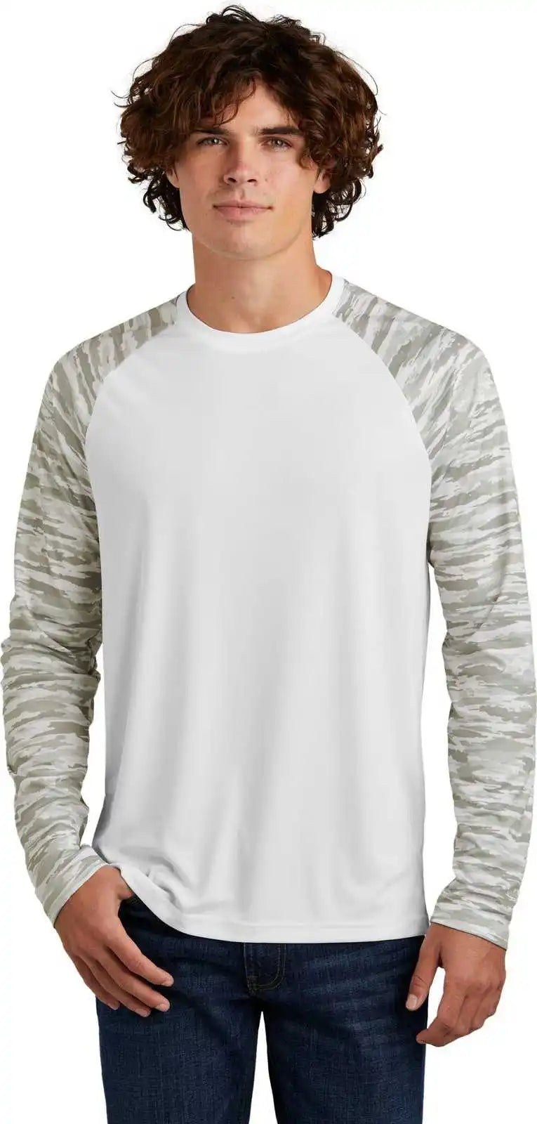 Sport-tek St376ls Drift Camo Colorblock Long Sleeve Tee - White