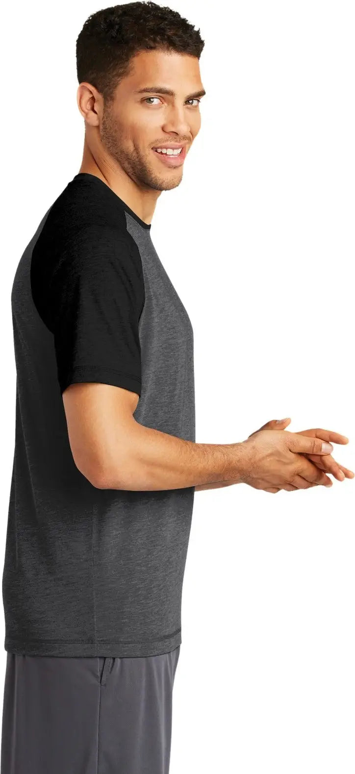 Sport-tek St400 Posicharge Tri-blend Wicking Raglan Tee - Black Triad Solid Dark Gray Heather